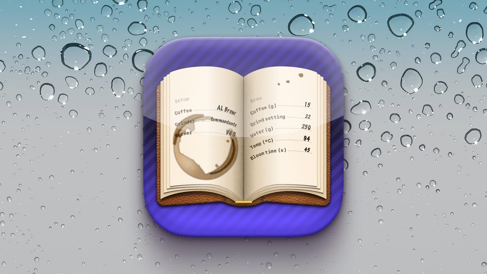 An iOS app icon depicting a coffee-stained book over a purple background. It is rendered in a detailed and textured style--the book is leather-bound with textured pages; the background is a purple, diagonally-pinstriped gradient.
