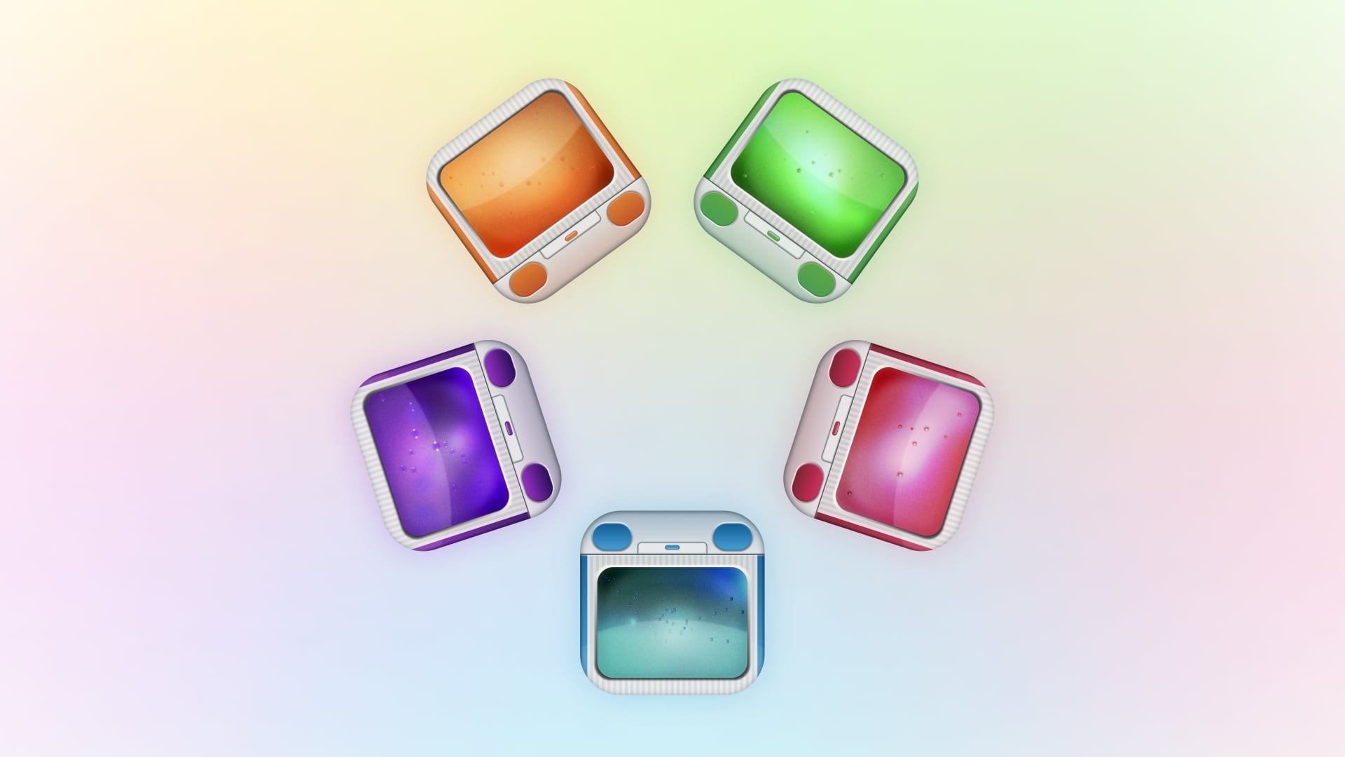 Five iOS-style app icons arranged in a flower-like circle. Each icon resembles an old iMac--translucent, light-grey, pinstriped plastic with a large screen over small speakers and a disc drive. Each iMac is a different color: 'tangerine' orange, 'lime' green, 'strawberry' pink, 'blueberry' blue, and 'grape' purple.