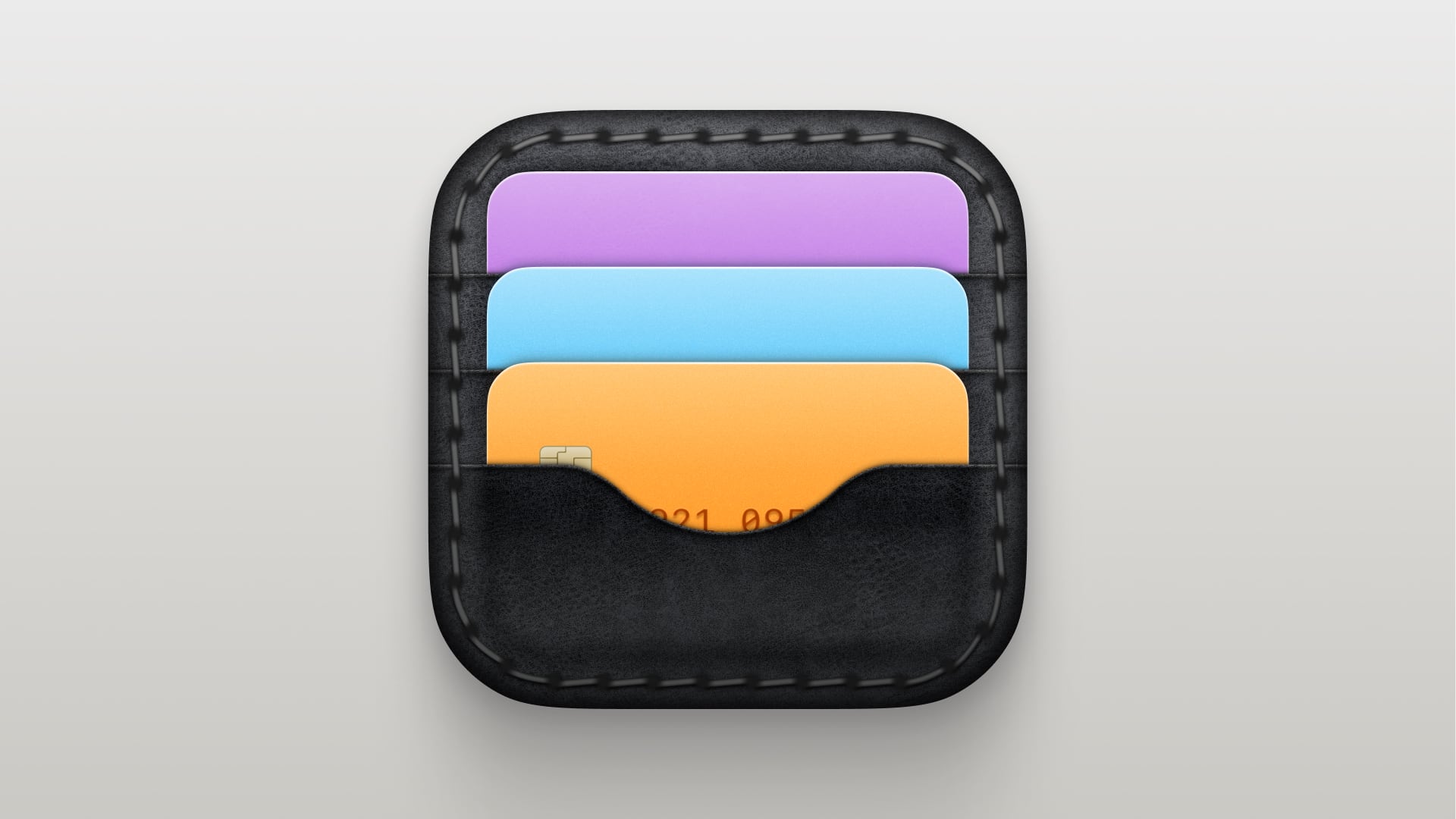 An iOS app icon of a wallet, textured and richly detailed. The wallet is black leather with stitching around the edges and holds three cards: purple, blue, and orange. A microchip and some of the numbers can be seen on the frontmost orange card, peeking out from behind the wallet's pocket flap.