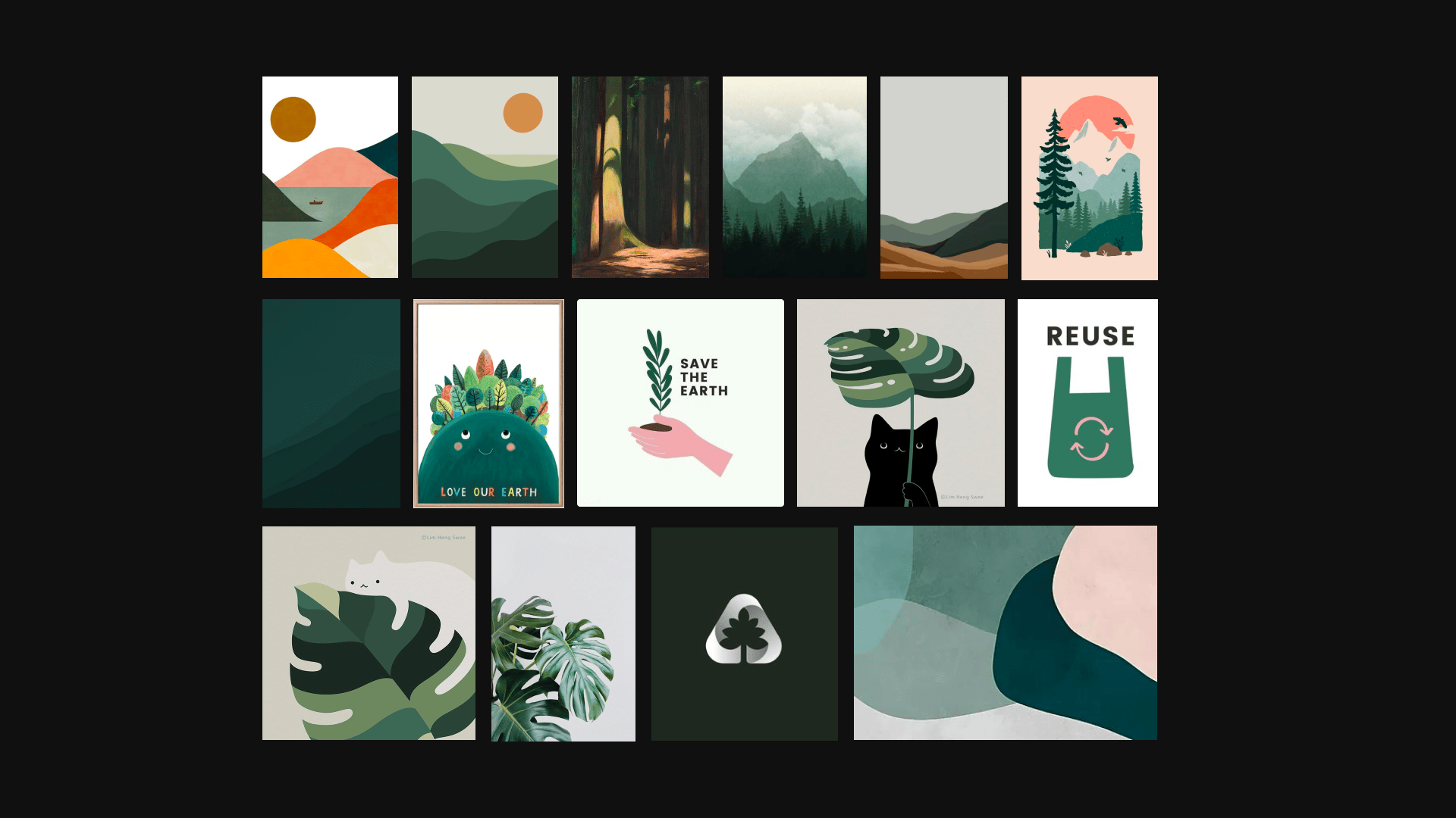 The moodboard we crafted for the app, featuring soft, green earth tones contrasted with scattered, warm pinks and oranges. Lots of illustrative hills and soft curves.