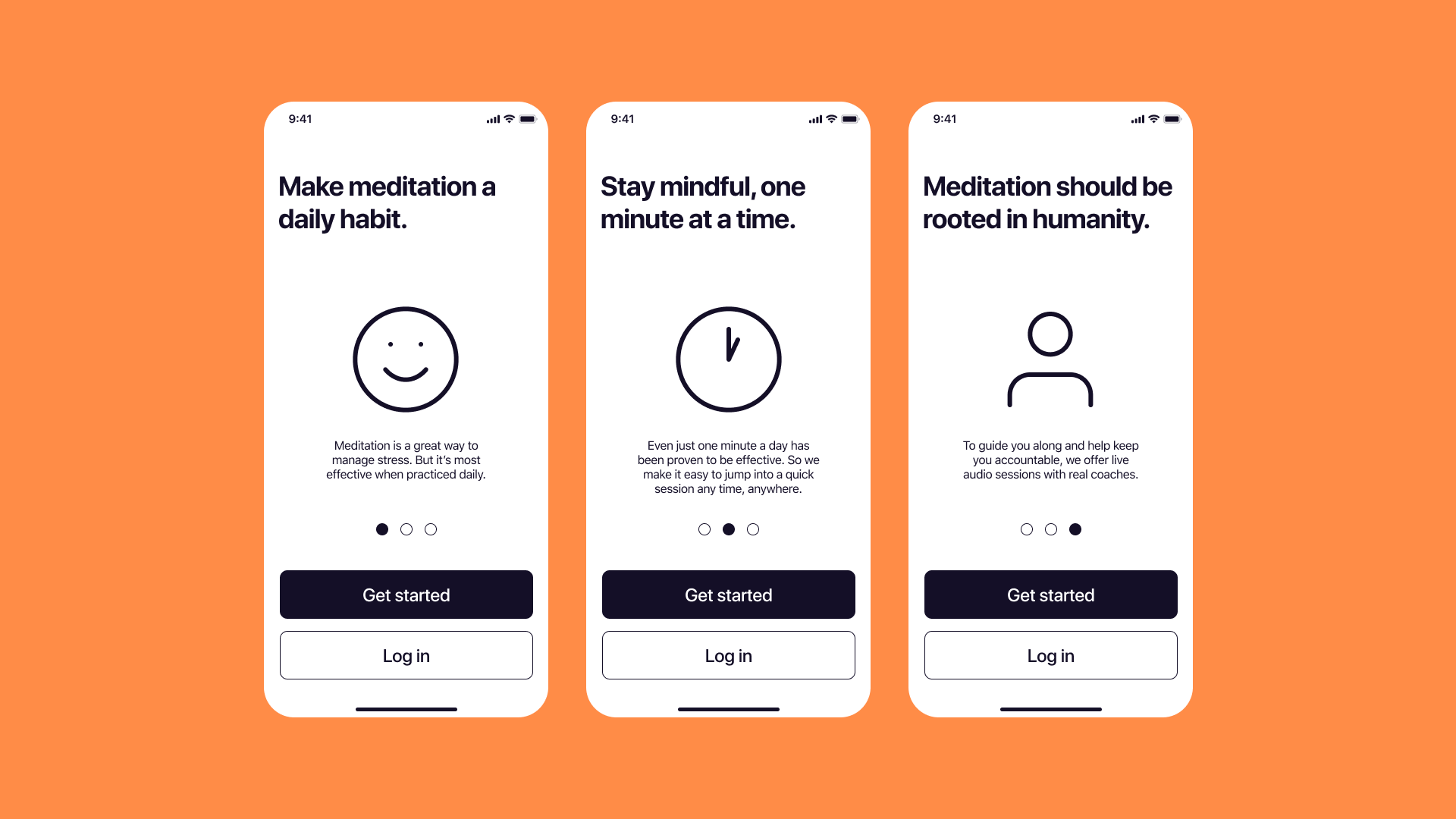 The first three screens of from the app with large buttons labelled 'Get started' and 'Log in' at the bottom. A the top on page 1) 'Make meditation a daily habit' and a smiley face icon, page 2) 'Stay mindful, one minute at a time' and a clock icon, page 3) 'Meditation should be rooted in humanity' and a person icon.