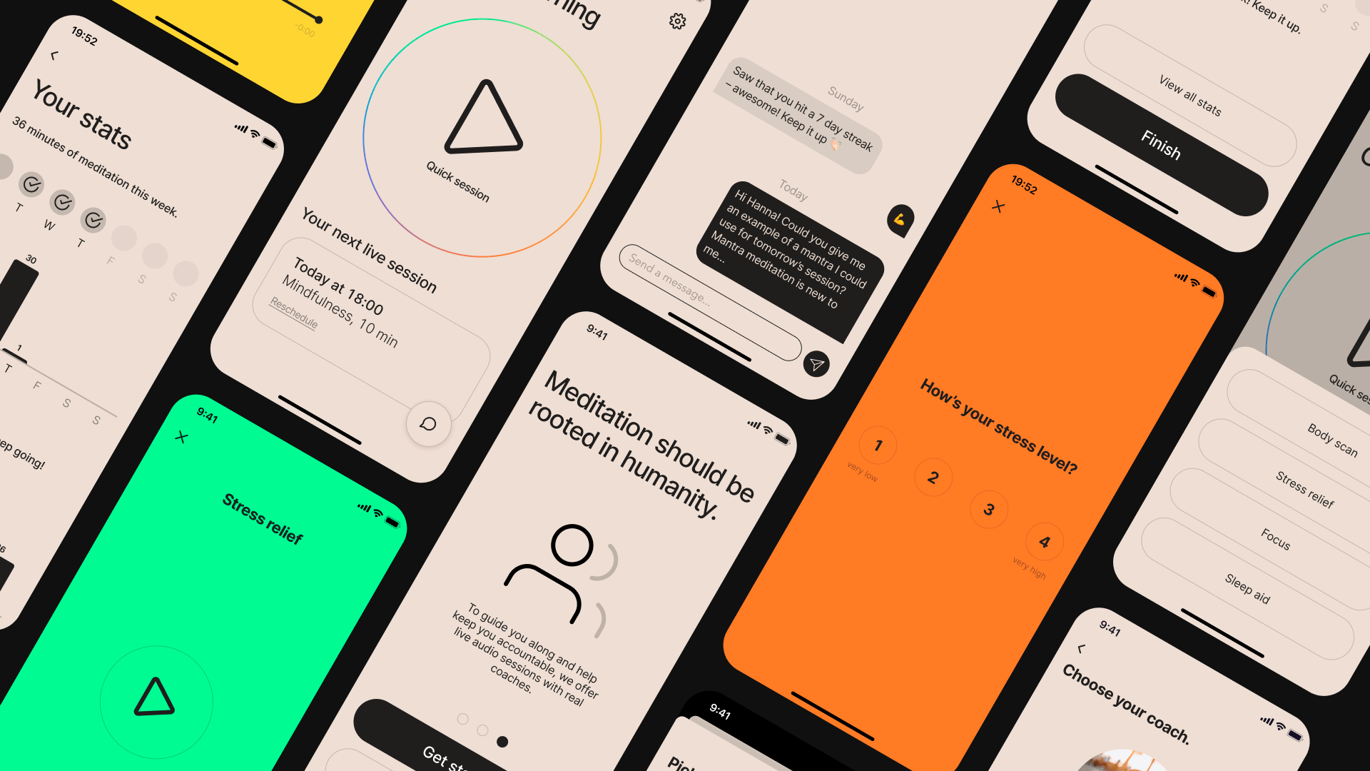 A collection of app screens from the NWI Meditation app.