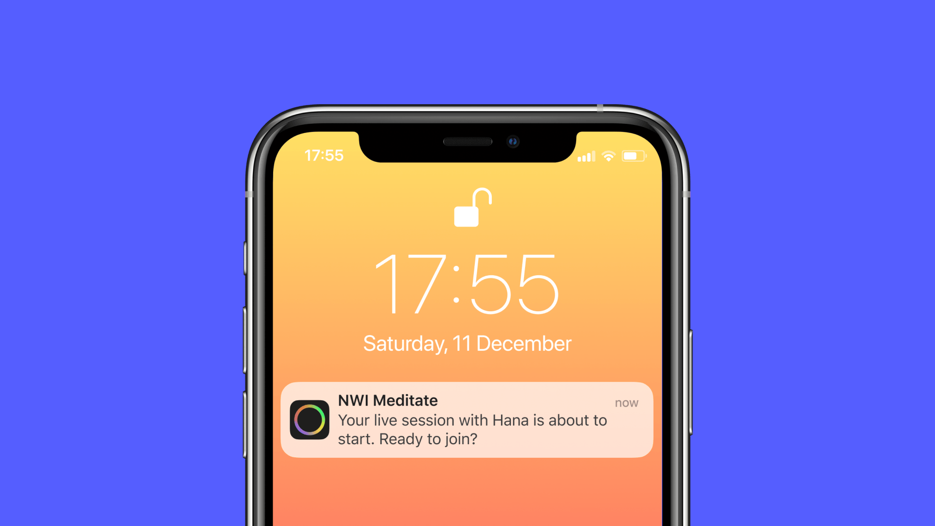 An iPhone home screen with a push notification from the NWI Meditate app that reads 'Your live session is about to start. Ready to join?'