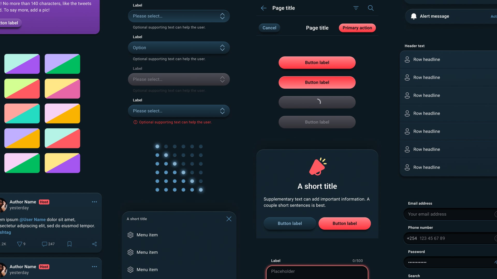 A collection of user interface elements from the MESH app, characterized by tactility - cards and buttons lifted off the page with subtle depth.